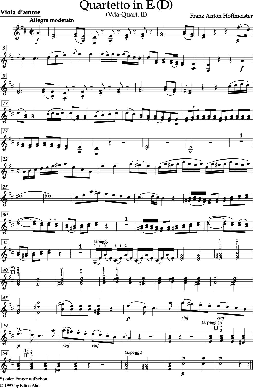 FRANZ ANTON HOFFMEISTER QUARTETT II Es Dur (D) für Viola d'amore, zwei Violinen, Violoncello und zwei Hörner ad libitum