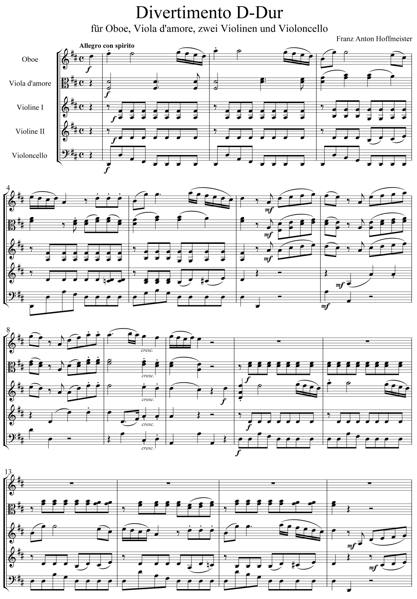 Franz Anton Hoffmeister Divertimento D-Dur Oboe, Viola d'amore, zwei Violinen und Violoncello